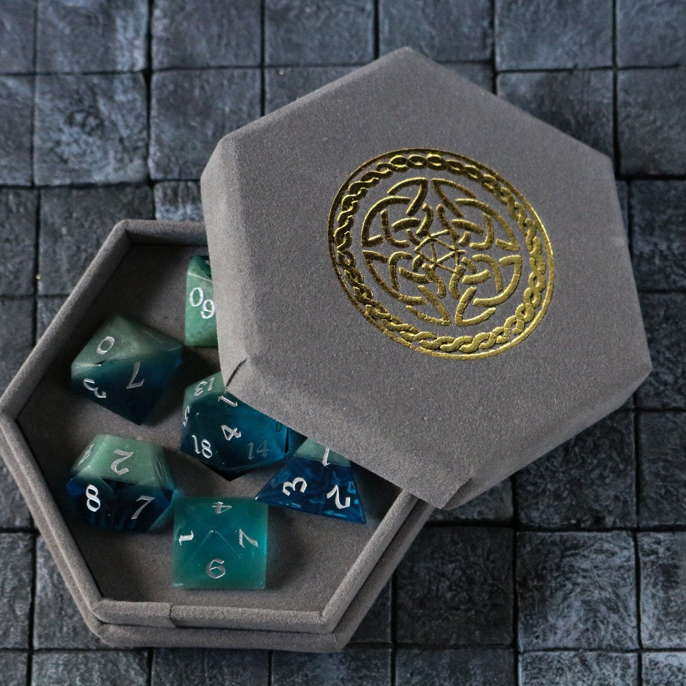 Hand Carved Synthetic Gemstone Two Tone Blue/Green (And Box) Polyhedral Dice Set