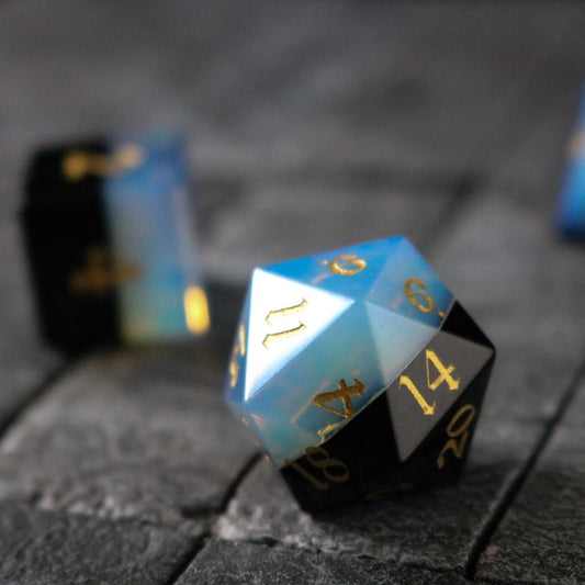 Hand Carved Two Tone White/Black Synthetic Gemstone (And Box) Polyhedral Dice Set