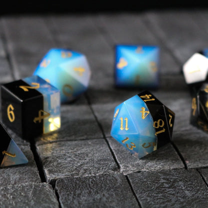 Hand Carved Two Tone White/Black Synthetic Gemstone (And Box) Polyhedral Dice Set