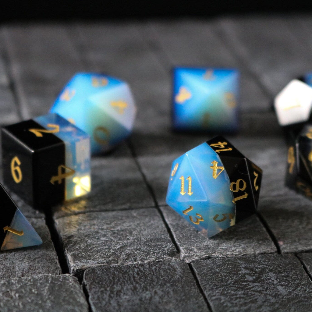 Hand Carved Two Tone White/Black Synthetic Gemstone (And Box) Polyhedral Dice Set