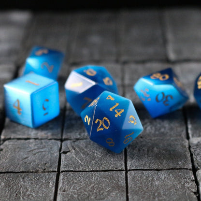Hand Carved  Gemstone Dark Blue Cats Eye Stone (And Box) Polyhedral Dice Set