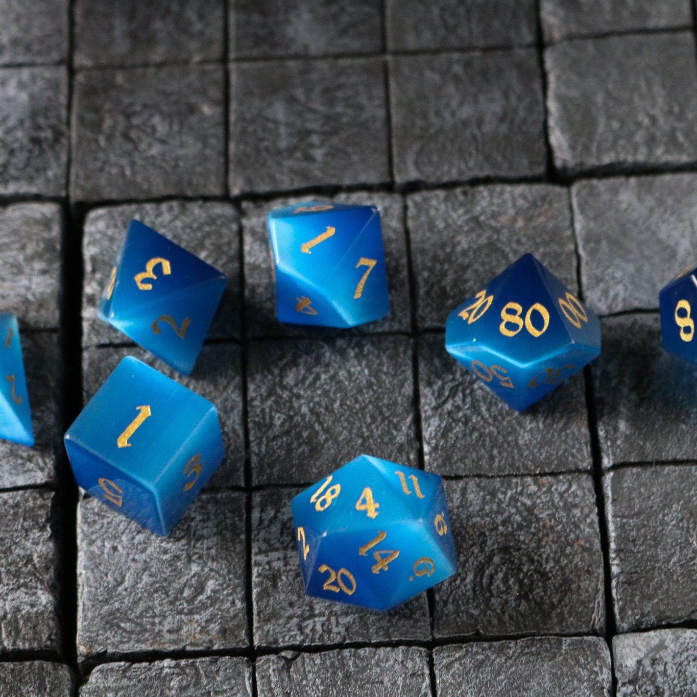 Hand Carved  Gemstone Dark Blue Cats Eye Stone (And Box) Polyhedral Dice Set