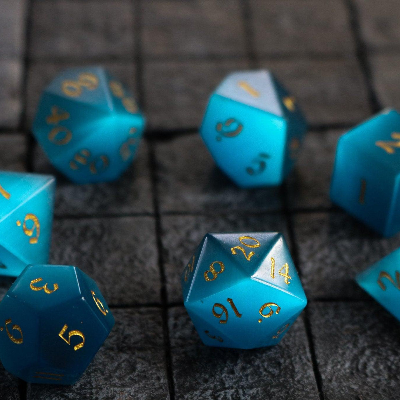 Hand Carved  Gemstone Light Blue Cats Eye Stone (And Box) Polyhedral Dice Set