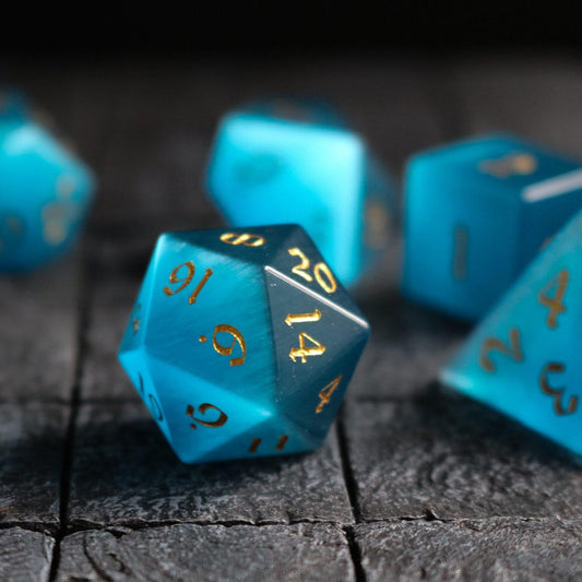 Hand Carved  Gemstone Light Blue Cats Eye Stone (And Box) Polyhedral Dice Set