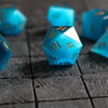 Hand Carved  Gemstone Light Blue Cats Eye Stone (And Box) Polyhedral Dice Set