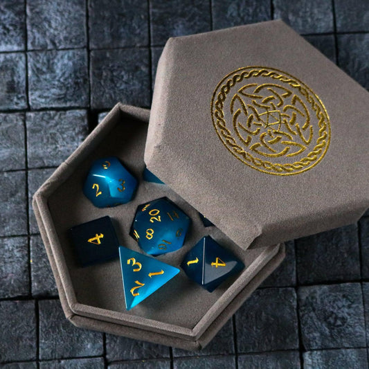 Hand Carved  Gemstone Light Blue Cats Eye Stone (And Box) Polyhedral Dice Set