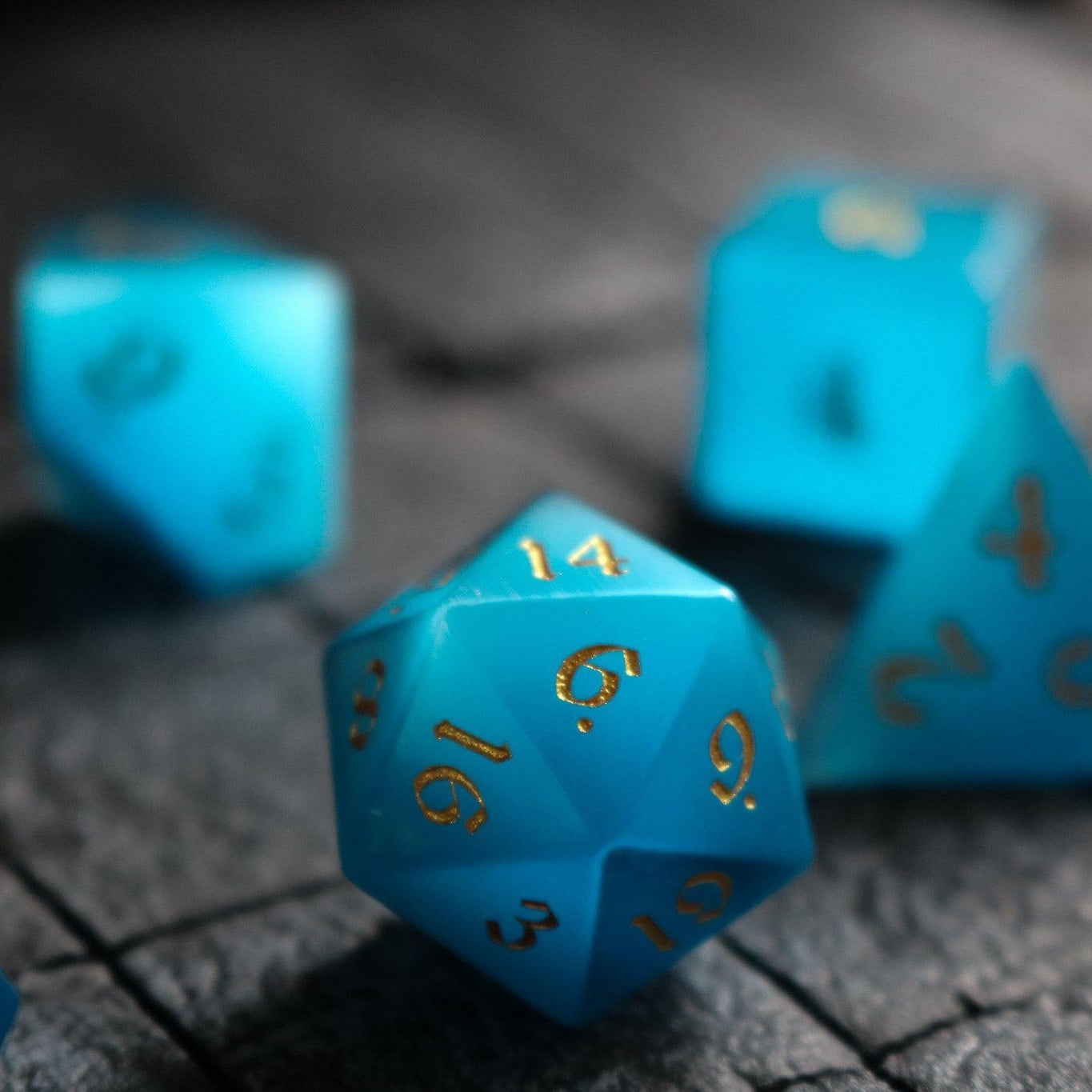 Hand Carved  Gemstone Light Blue Cats Eye Stone (And Box) Polyhedral Dice Set