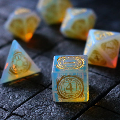 Mage Fury Gemstone Opalite Hand Carved Polyhedral Dice (And Box) Dice Set
