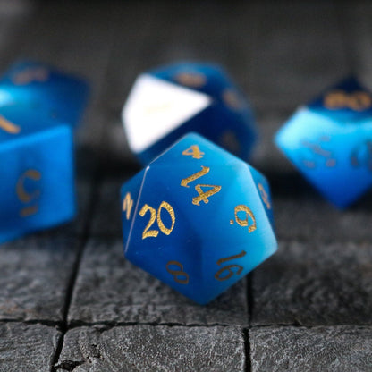 Hand Carved  Gemstone Dark Blue Cats Eye Stone (And Box) Polyhedral Dice Set