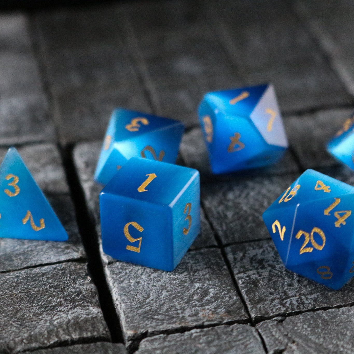 Hand Carved  Gemstone Dark Blue Cats Eye Stone (And Box) Polyhedral Dice Set