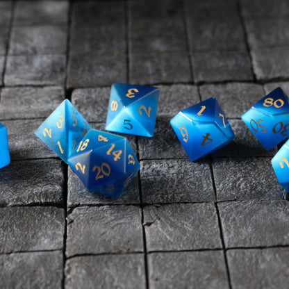 Hand Carved  Gemstone Dark Blue Cats Eye Stone (And Box) Polyhedral Dice Set