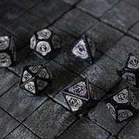 Set Of Mage Fury Gemstone Blue Sandstone Silver Font (And Box) Polyhedral Dice Dice Set