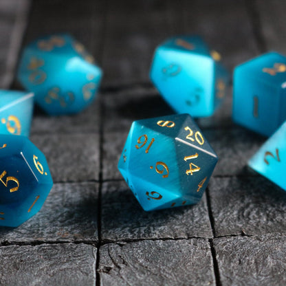 Hand Carved  Gemstone Light Blue Cats Eye Stone (And Box) Polyhedral Dice Set