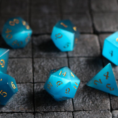 Hand Carved  Gemstone Light Blue Cats Eye Stone (And Box) Polyhedral Dice Set