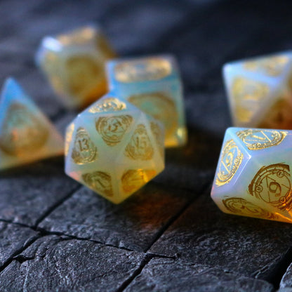 Mage Fury Gemstone Opalite Hand Carved Polyhedral Dice (And Box) Dice Set