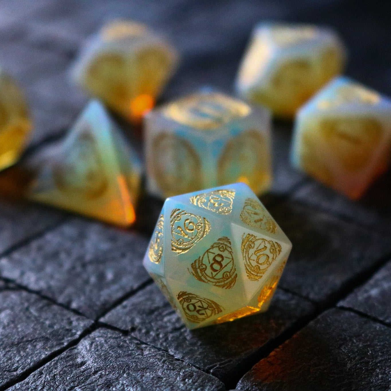 Mage Fury Gemstone Opalite Hand Carved Polyhedral Dice (And Box) Dice Set