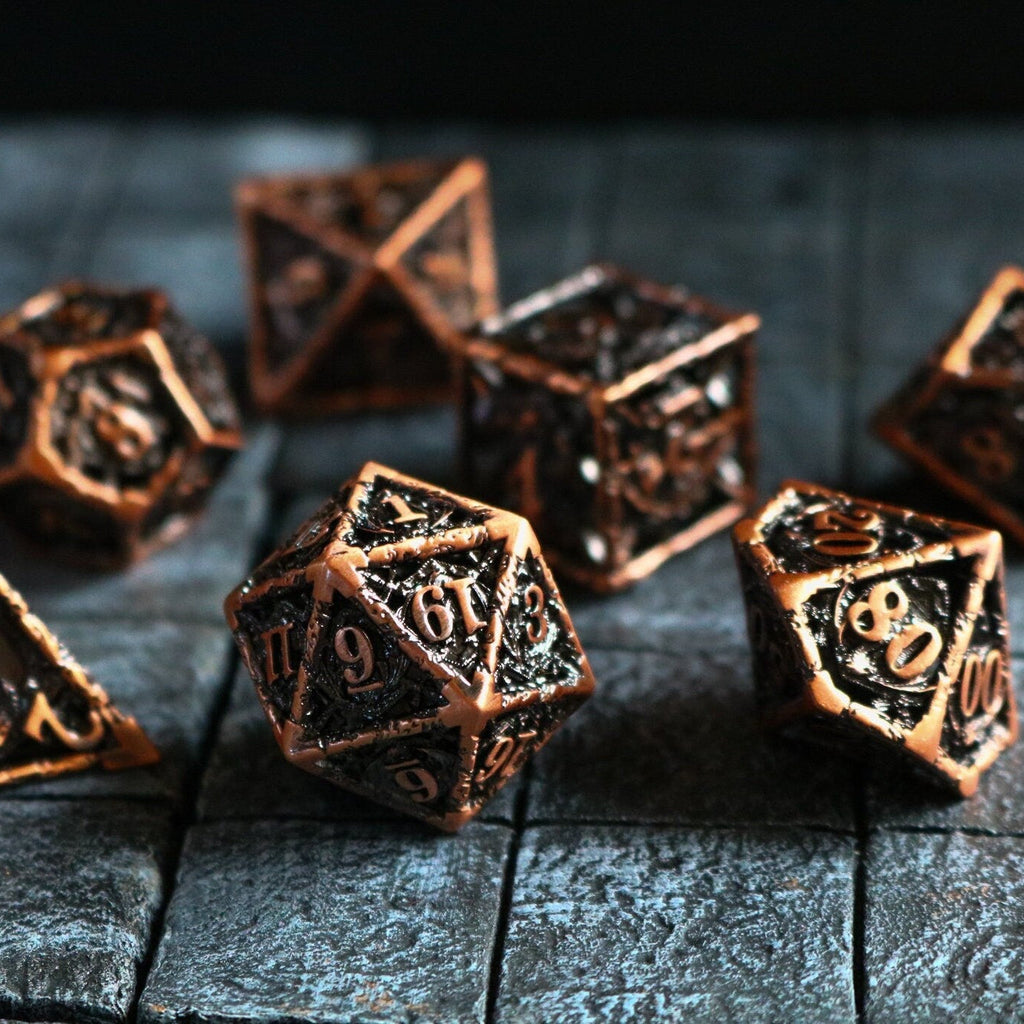 Shield And Sword Copper Hollow Metal Dice Set