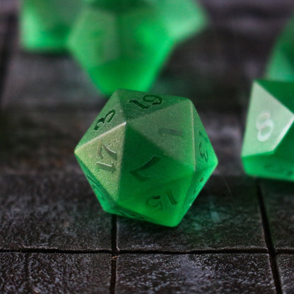 Hand Carved Raised Green Zircon Glass (And Box) Polyhedral Dice Set