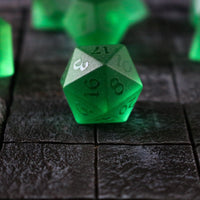 Hand Carved Raised Green Zircon Glass (And Box) Polyhedral Dice Set