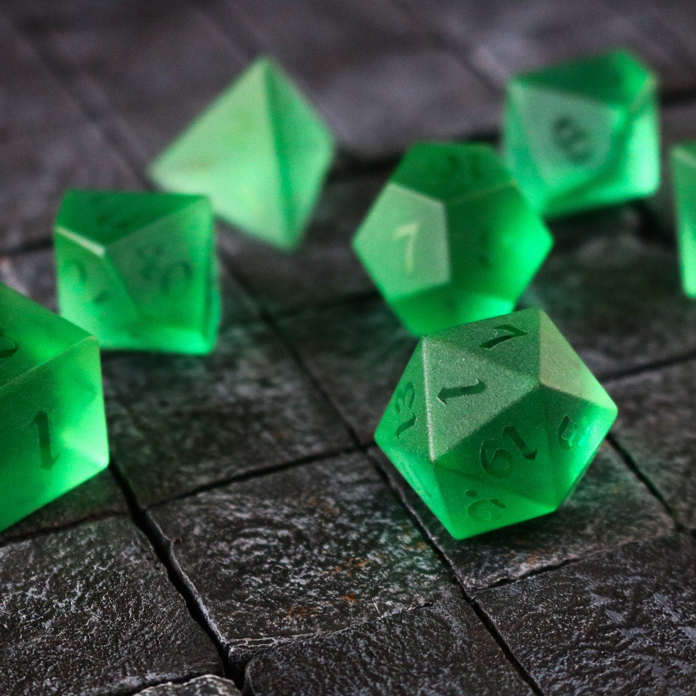 Hand Carved Raised Green Zircon Glass (And Box) Polyhedral Dice Set