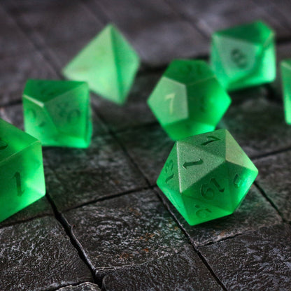 Hand Carved Raised Green Zircon Glass (And Box) Polyhedral Dice Set