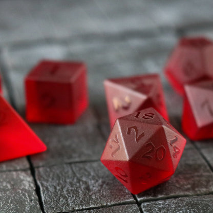 Hand Carved Raised Blood Red Zircon Glass (And Box) Polyhedral Dice Set