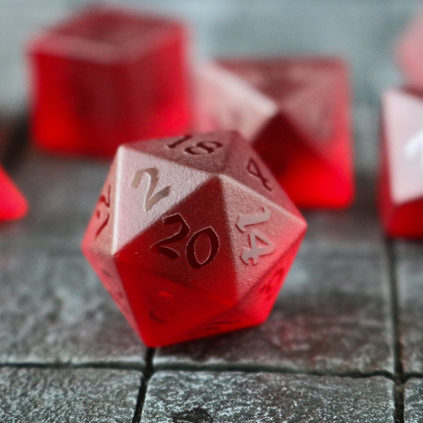 Hand Carved Raised Blood Red Zircon Glass (And Box) Polyhedral Dice Set