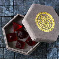 Hand Carved Raised Blood Red Zircon Glass (And Box) Polyhedral Dice Set