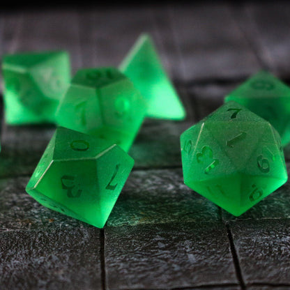 Hand Carved Raised Green Zircon Glass (And Box) Polyhedral Dice Set