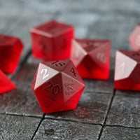 Hand Carved Raised Blood Red Zircon Glass (And Box) Polyhedral Dice Set