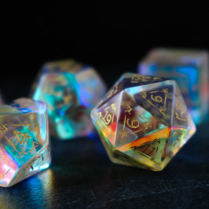 Dragon Shield  Gemstone Dichroic Glass Polyhedral Dice (With Box)