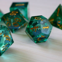 Sea Green Glitter Liquid Core Handmade Sharp Edge Resin Dice Set