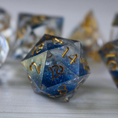 Blue Glitter Liquid Core Handmade Sharp Edge Resin Dice Set