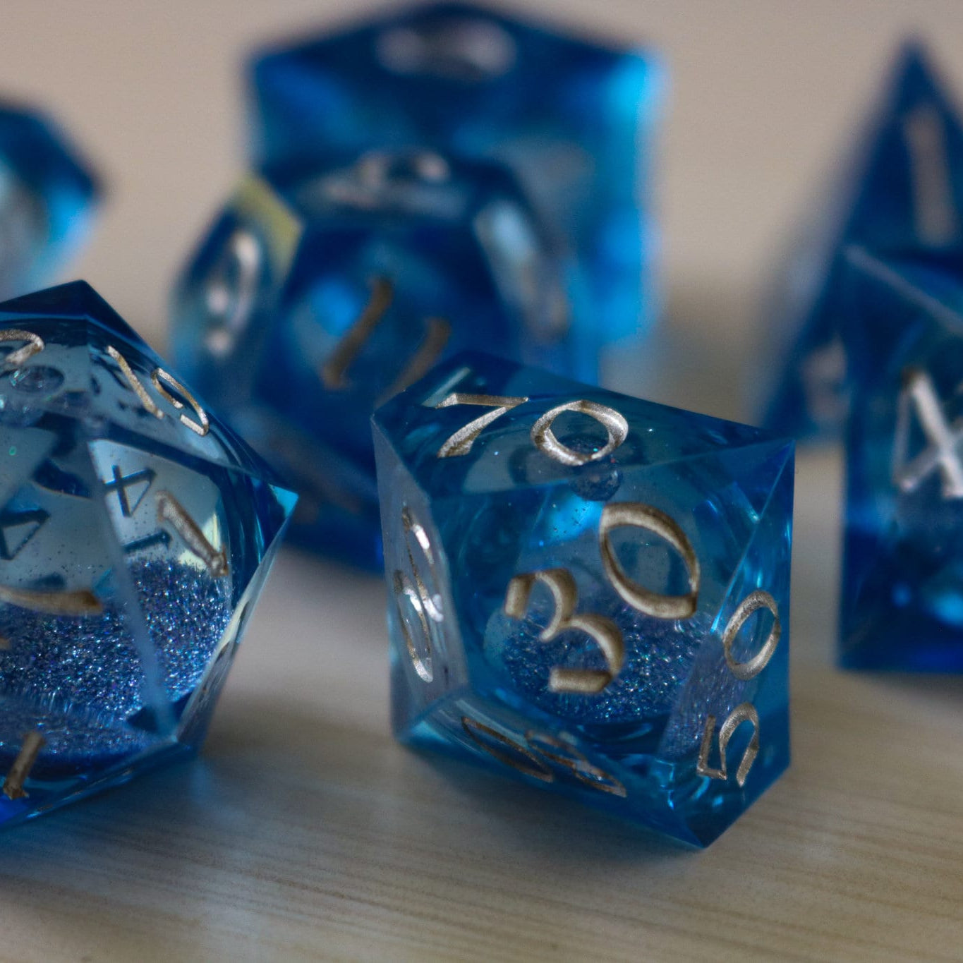 Blue Glitter Liquid Core Handmade Sharp Edge Resin Dice Set