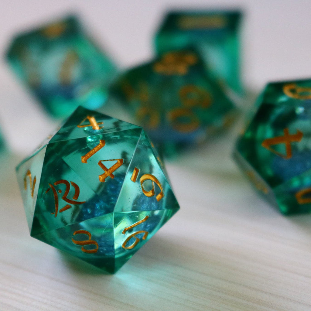 Sea Green Glitter Liquid Core Handmade Sharp Edge Resin Dice Set