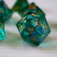 Sea Green Glitter Liquid Core Handmade Sharp Edge Resin Dice Set