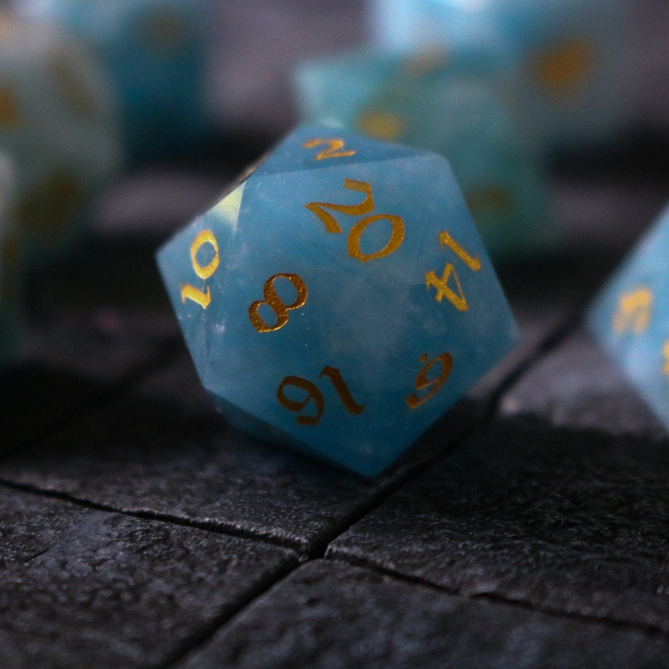 Hand Carved  Gemstone Blue Aquamarine Stone (And Box) Polyhedral Dice Set