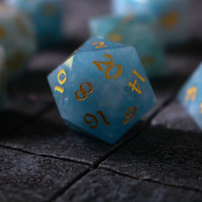 Hand Carved  Gemstone Blue Aquamarine Stone (And Box) Polyhedral Dice Set