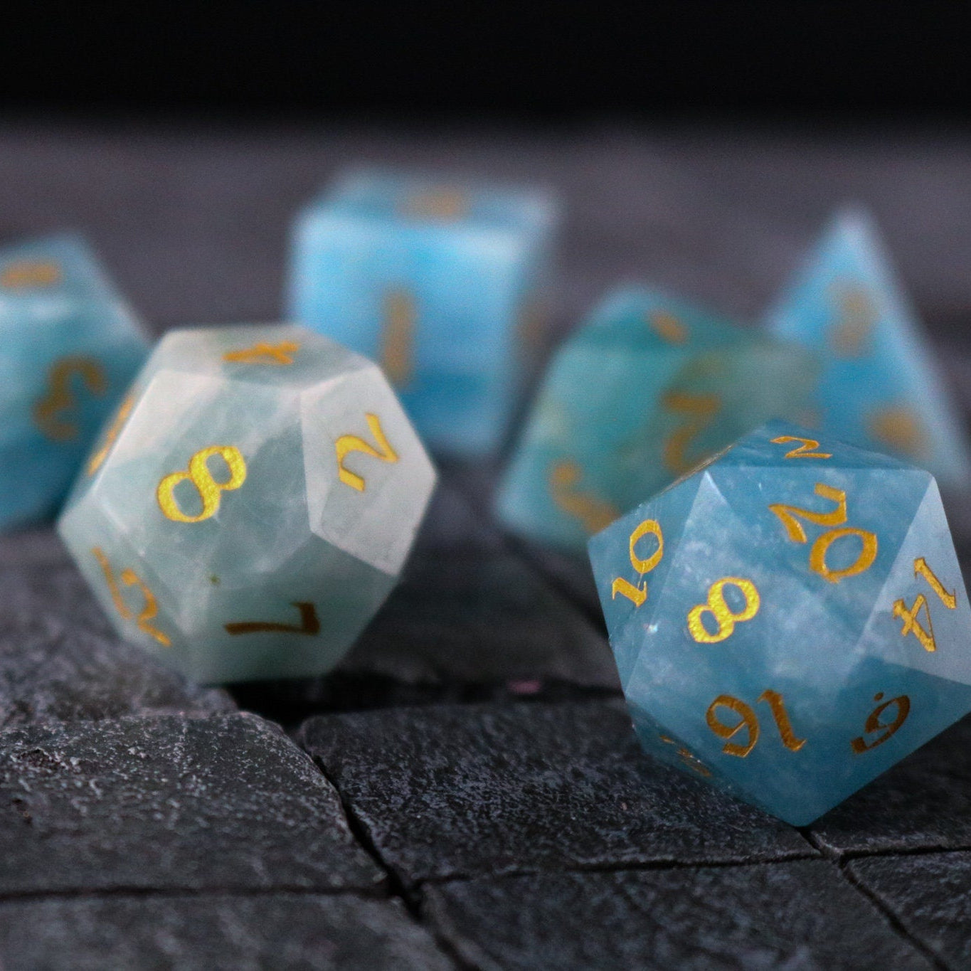 Hand Carved  Gemstone Blue Aquamarine Stone (And Box) Polyhedral Dice Set