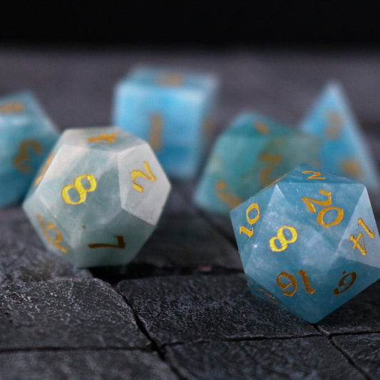 Hand Carved  Gemstone Blue Aquamarine Stone (And Box) Polyhedral Dice Set