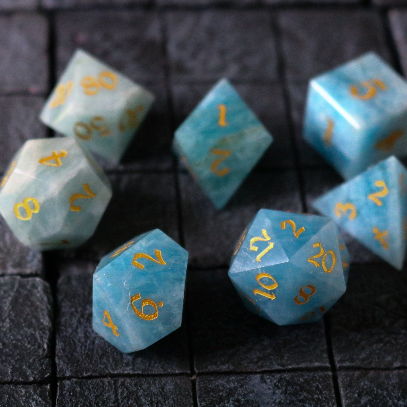 Hand Carved  Gemstone Blue Aquamarine Stone (And Box) Polyhedral Dice Set