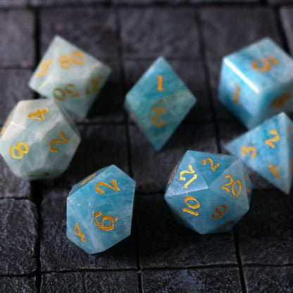 Hand Carved  Gemstone Blue Aquamarine Stone (And Box) Polyhedral Dice Set