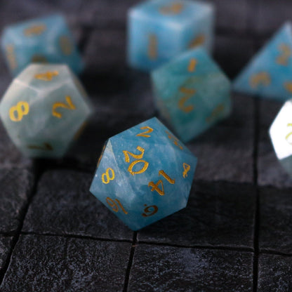 Hand Carved  Gemstone Blue Aquamarine Stone (And Box) Polyhedral Dice Set