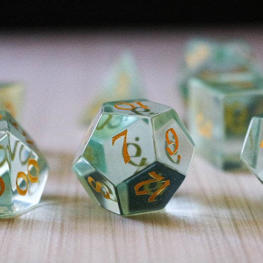 Hand Carved  Green Water Glass (And Box) Polyhedral Dice Set