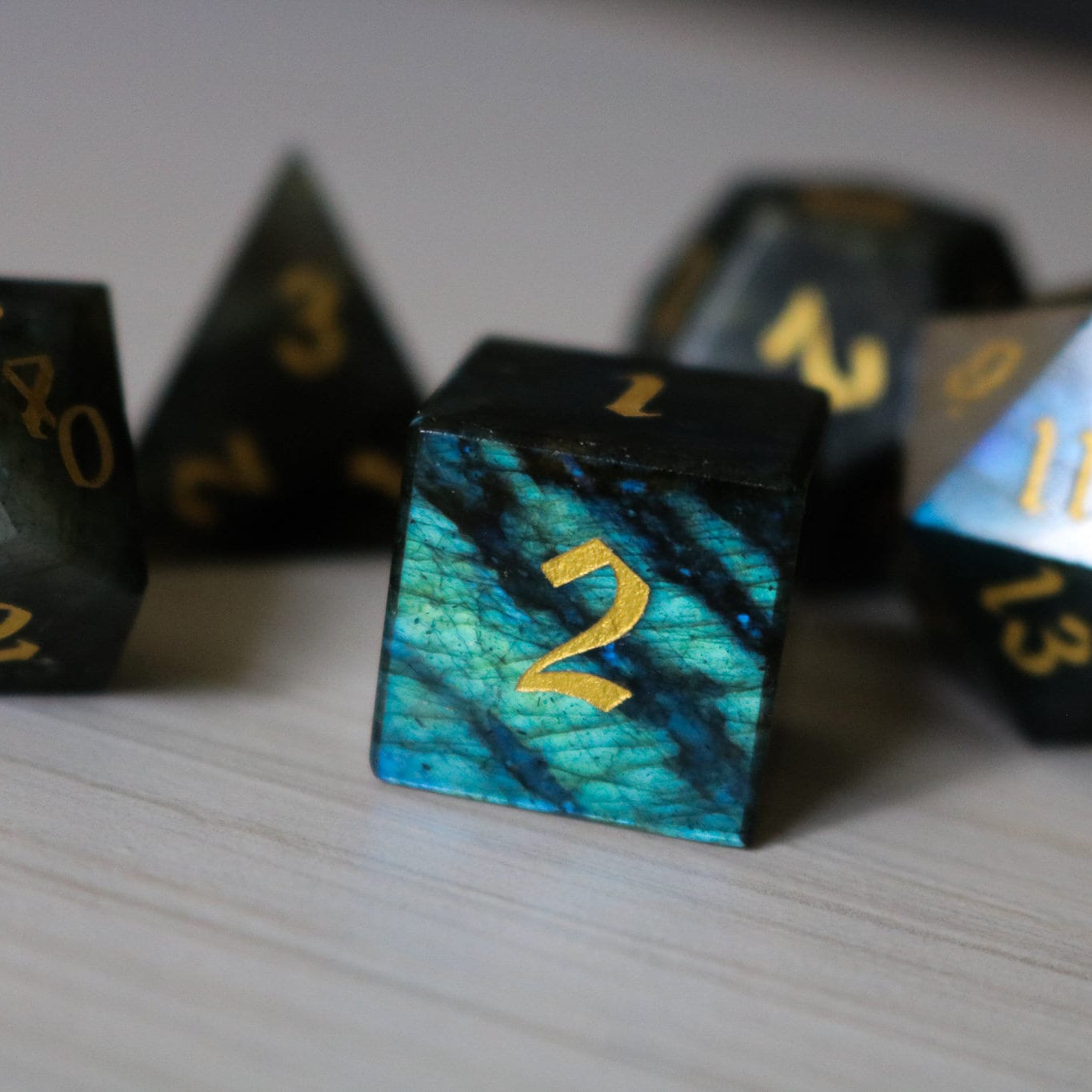 Labradorite Gemstone Dice (And Box) Polyhedral Dice Set