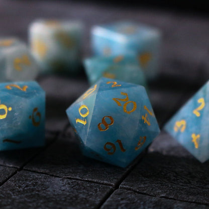 Hand Carved  Gemstone Blue Aquamarine Stone (And Box) Polyhedral Dice Set