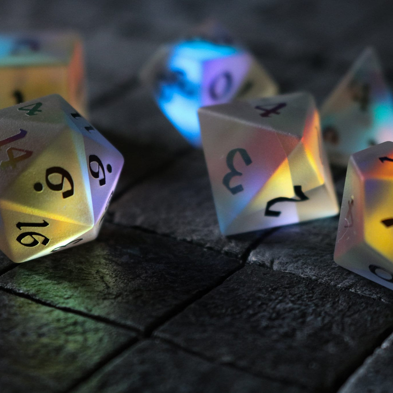 Gemstone (Inked) Raised Dichroic Glass Polyhedral Dice (With Box) Set