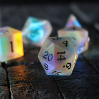 Gemstone (Inked) Raised Dichroic Glass Polyhedral Dice (With Box) Set