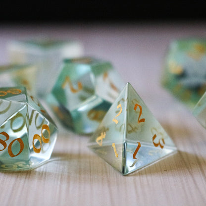Hand Carved  Green Water Glass (And Box) Polyhedral Dice Set