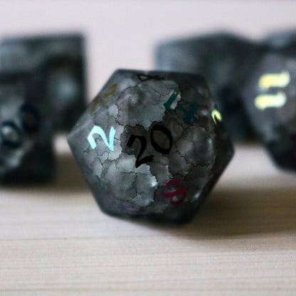 Black Inked Lightning Glass Cracked Glass (And Box) Dice Set